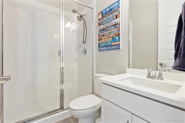 full bathroom with vanity, toilet, and a shower stall