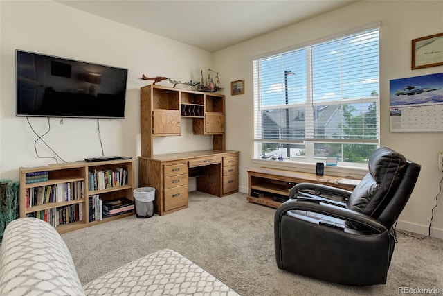 office area featuring light carpet