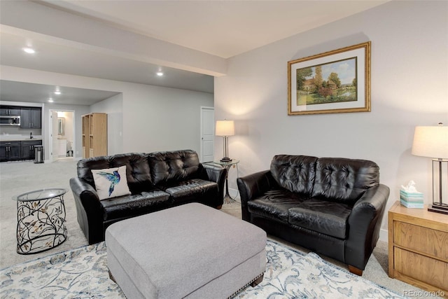 living room featuring light colored carpet