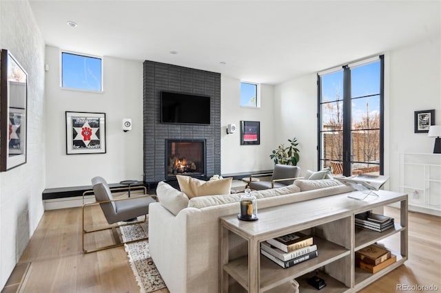 living room featuring light hardwood / wood-style flooring and a fireplace