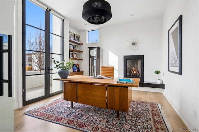 home office with floor to ceiling windows and light hardwood / wood-style floors