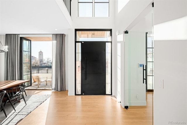 foyer entrance featuring a towering ceiling, light wood-style flooring, and baseboards