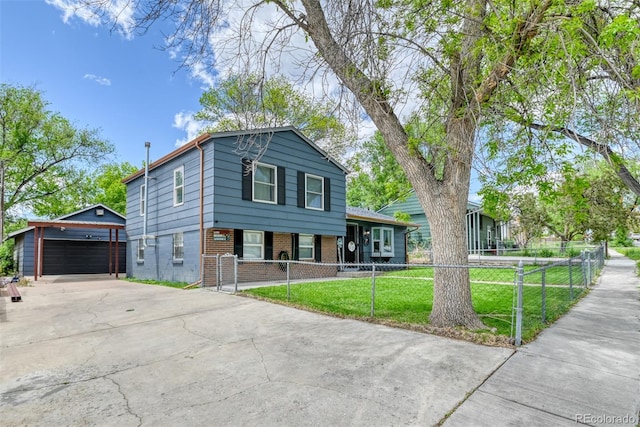 12 Arrawanna St, Colorado Springs, CO 80909 - split level home with brick siding, a detached garage, a porch, and an outbuilding