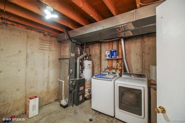 laundry area with water heater, washer and clothes dryer, and heating unit