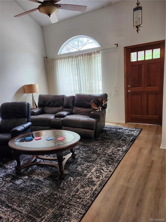living room featuring a ceiling fan, wood finished floors, and lofted ceiling