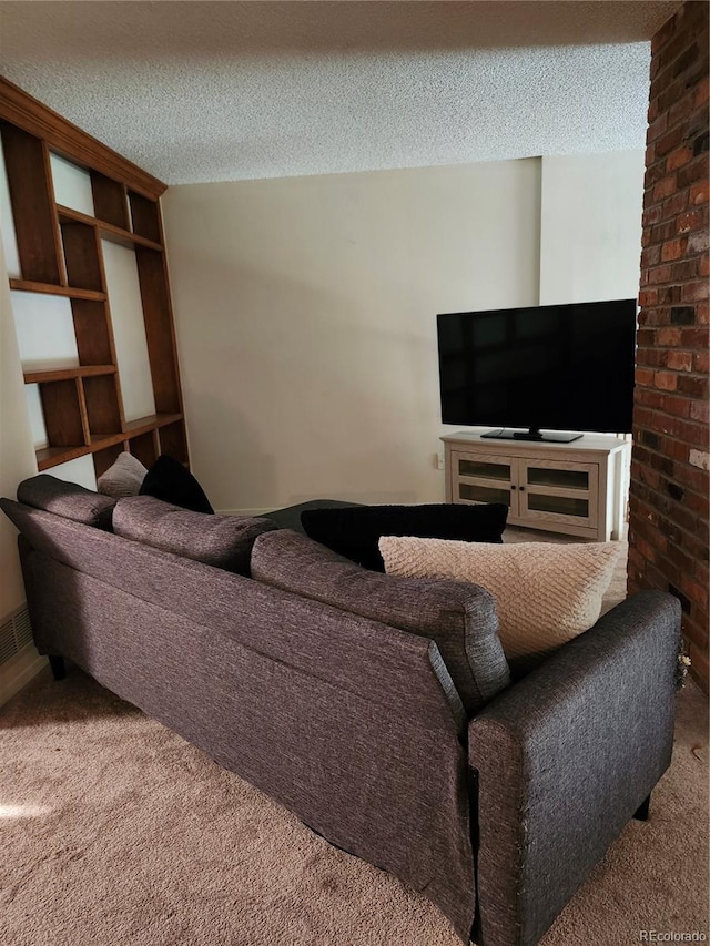 carpeted living room with a textured ceiling