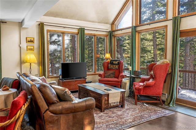 609 Brook Dr, Idaho Springs, CO 80452 - sunroom with wood finished floors, vaulted ceiling, and baseboard heating