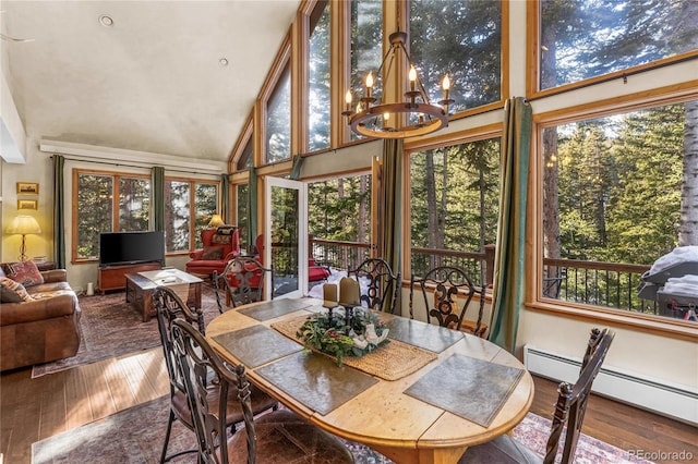609 Brook Dr, Idaho Springs, CO 80452 - sunroom featuring baseboard heating, high vaulted ceiling, hardwood / wood-style floors, a chandelier, and healthy amount of natural light