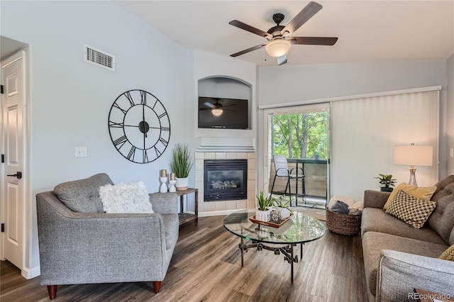 4875 S Balsam Way Unit 6-202, Littleton, CO 80123 - living room featuring ceiling fan, wood finished floors, and a fireplace