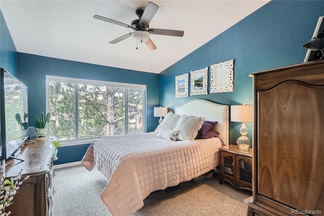 4875 S Balsam Way Unit 6-202, Littleton, CO 80123 - carpeted bedroom featuring lofted ceiling, a ceiling fan, and a textured wall