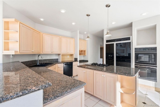 23655 Currant Dr, Golden, CO 80401 - kitchen with open shelves, light brown cabinetry, black appliances, a sink, and dark stone countertops