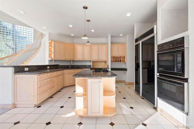 23655 Currant Dr, Golden, CO 80401 - kitchen featuring light brown cabinets, open shelves, built in refrigerator, stainless steel gas stovetop, and a center island