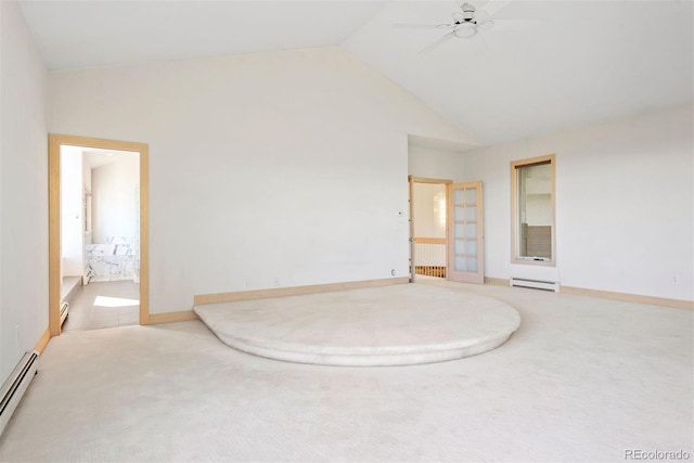 23655 Currant Dr, Golden, CO 80401 - carpeted spare room with a baseboard heating unit, a baseboard radiator, lofted ceiling, ceiling fan, and radiator