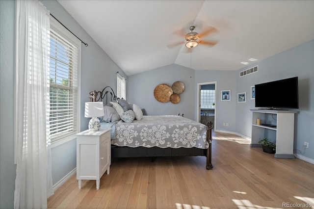9375 Webster Way, Westminster, CO 80021 - bedroom with light wood-style flooring, baseboards, lofted ceiling, and a ceiling fan