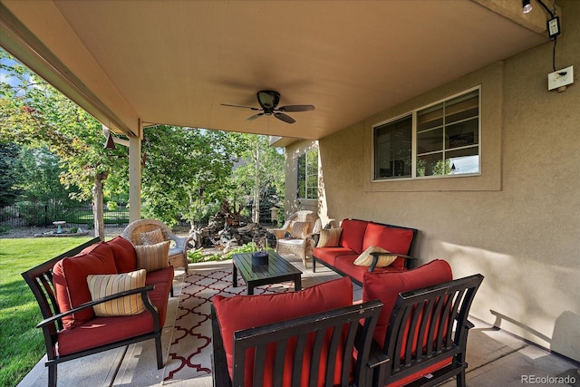 9375 Webster Way, Westminster, CO 80021 - view of patio / terrace featuring outdoor lounge area, a ceiling fan, and view of scattered trees