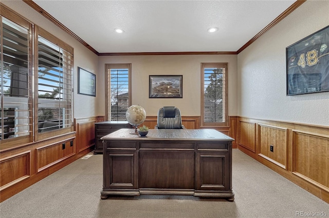 home office featuring a textured ceiling, a wainscoted wall, ornamental molding, and light colored carpet