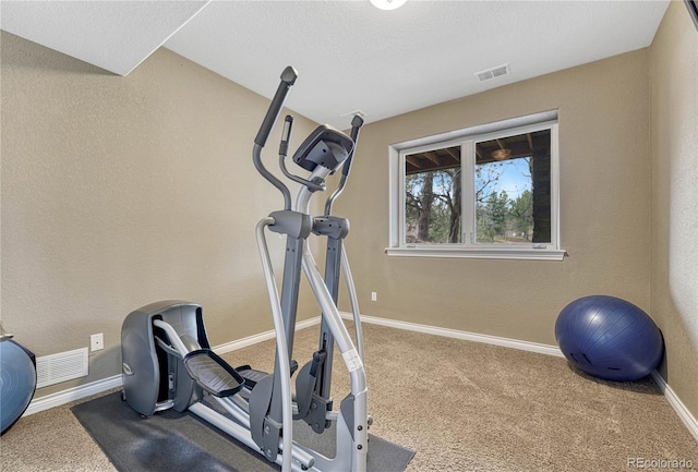 exercise area with a textured wall, carpet, baseboards, and visible vents