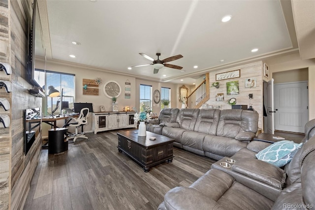 3871 Starry Night Loop, Castle Rock, CO 80109 - living room featuring an office area, a ceiling fan, dark wood-type flooring, recessed lighting, and healthy amount of natural light