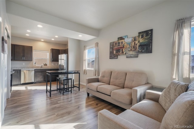 living room featuring sink and light wood-type flooring