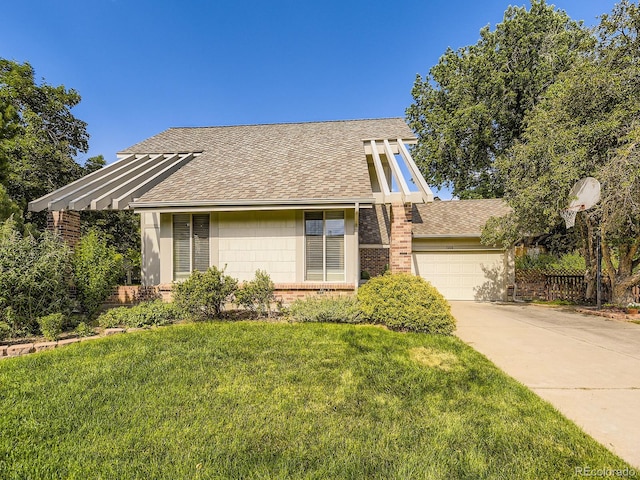 7826 S Niagara Way, Centennial, CO 80112 - view of front facade featuring brick siding, a front lawn, an attached garage, roof with shingles, and driveway