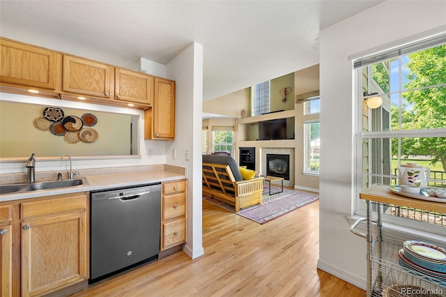 930 Button Rock Dr Unit 28, Longmont, CO 80504 - kitchen featuring dishwasher, a sink, light wood finished floors, a glass covered fireplace, and light countertops