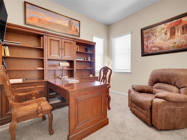 office with light carpet and baseboards