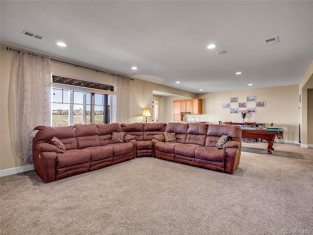 carpeted living area featuring recessed lighting, billiards, and baseboards