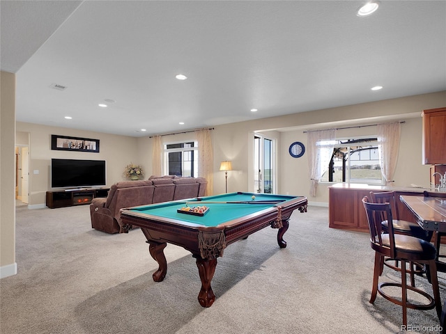 playroom with recessed lighting, light carpet, billiards, and baseboards