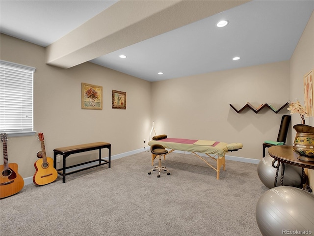 rec room with carpet flooring, baseboards, and recessed lighting