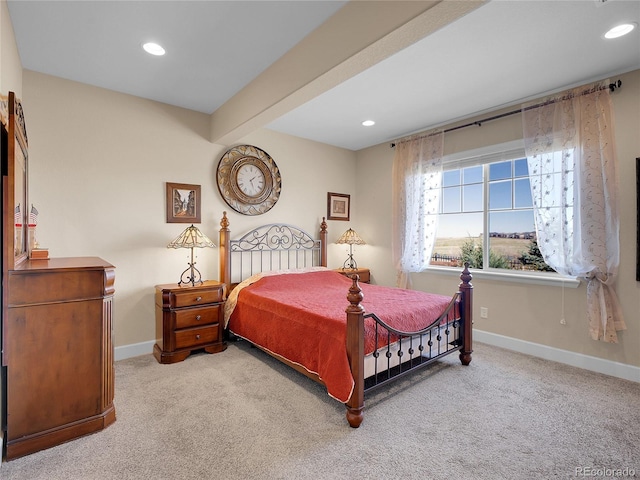 bedroom featuring carpet flooring, baseboards, beamed ceiling, and recessed lighting