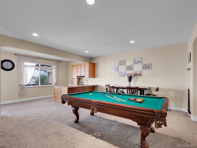 6450 S Riverwood Ct, Aurora, CO 80016 - rec room featuring billiards table, light carpet, baseboards, and recessed lighting