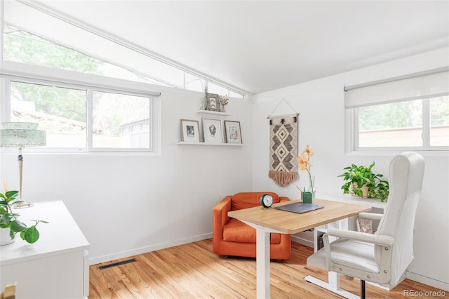 2525 S Meade St, Denver, CO 80219 - office with vaulted ceiling, light wood-style flooring, and baseboards