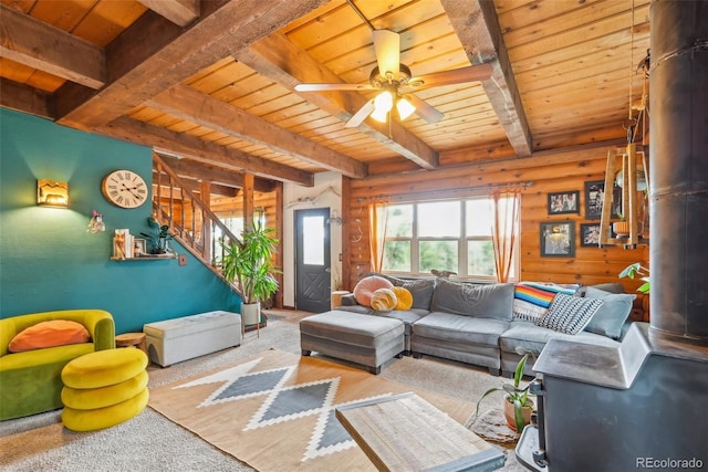 143 Juniper Rd, Black Hawk, CO 80422 - living room featuring wood ceiling with exposed beams, stairs, ceiling fan, and wood finished floors