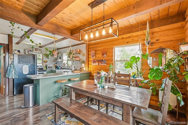 143 Juniper Rd, Black Hawk, CO 80422 - dining area with wood finished floors, wood ceiling with exposed beams, wood walls, and a chandelier