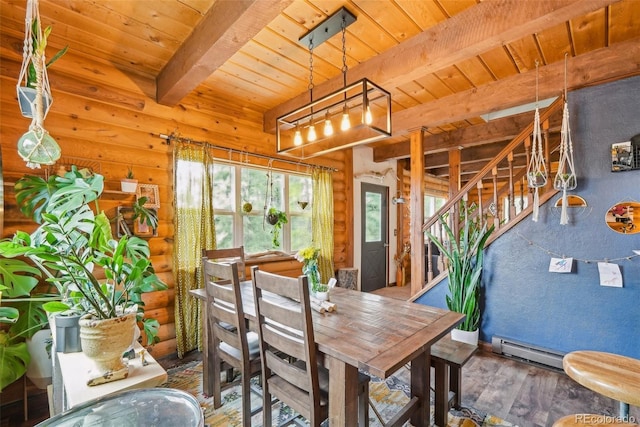 143 Juniper Rd, Black Hawk, CO 80422 - dining room featuring wood ceiling with exposed beams, wood finished floors, a baseboard heating unit, and stairs