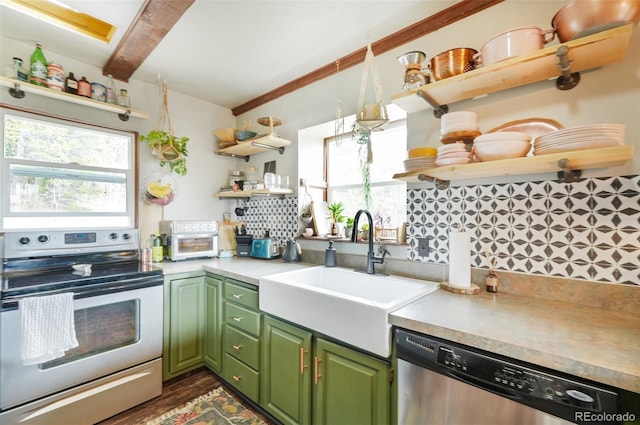 143 Juniper Rd, Black Hawk, CO 80422 - kitchen featuring open shelves, appliances with stainless steel finishes, a sink, green cabinets, and beamed ceiling