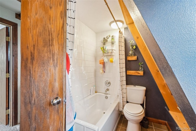 143 Juniper Rd, Black Hawk, CO 80422 - bathroom with toilet, shower / bathtub combination with curtain, tile patterned flooring, and a textured wall
