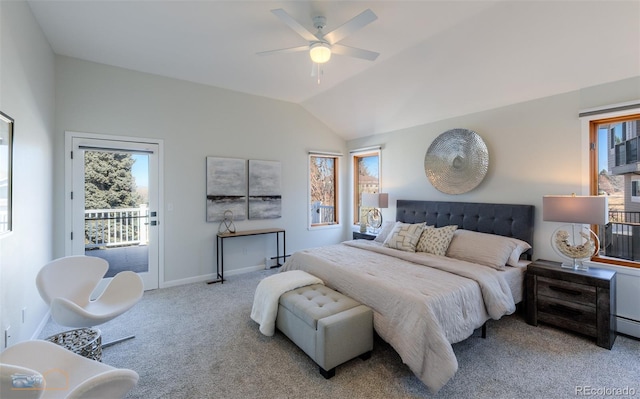 2425 Waneka Lake Trl, Lafayette, CO 80026 - bedroom featuring carpet floors, multiple windows, access to exterior, lofted ceiling, and baseboards