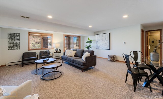 2425 Waneka Lake Trl, Lafayette, CO 80026 - carpeted living room featuring baseboards, recessed lighting, and baseboard heating
