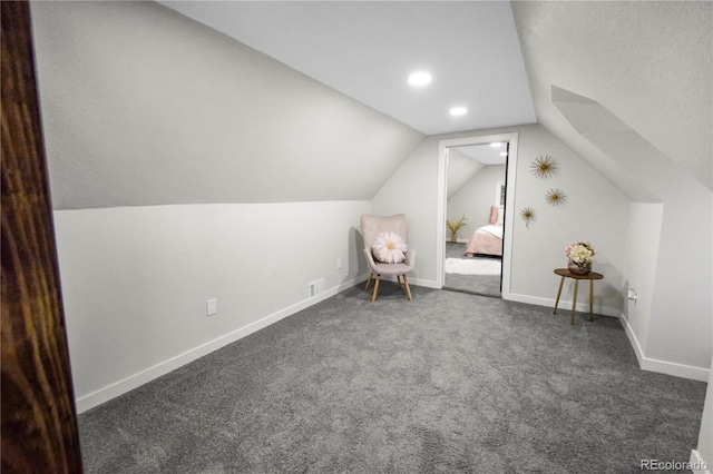 additional living space with dark colored carpet, a textured ceiling, and lofted ceiling