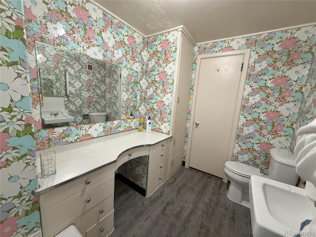200 W 5th St, Julesburg, CO 80737 - bathroom with wallpapered walls, toilet, wood finished floors, and vanity