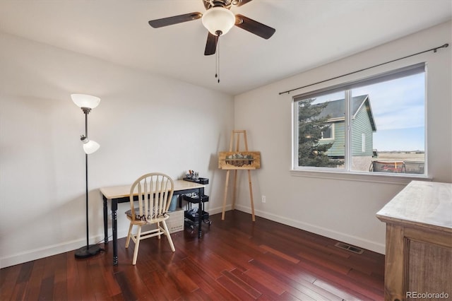 office with ceiling fan and dark hardwood / wood-style floors