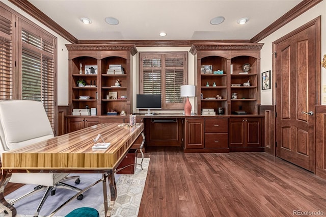 648 Ruby Trust Dr, Castle Rock, CO 80108 - home office with ornamental molding, wainscoting, wood finished floors, healthy amount of natural light, and recessed lighting