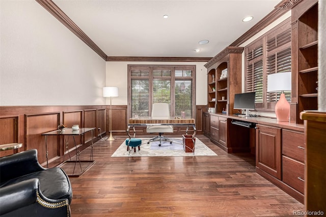 648 Ruby Trust Dr, Castle Rock, CO 80108 - office area featuring ornamental molding, built in desk, wainscoting, dark wood-type flooring, and recessed lighting