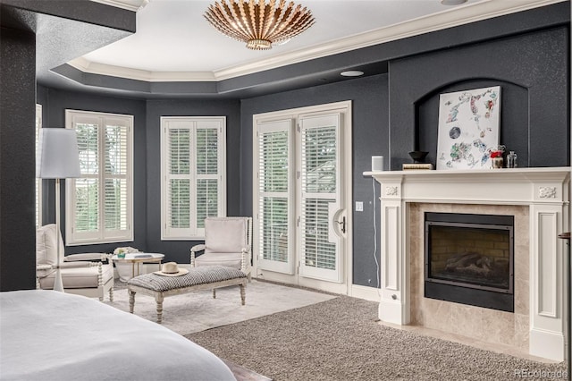 648 Ruby Trust Dr, Castle Rock, CO 80108 - bedroom with access to outside, ornamental molding, and a fireplace