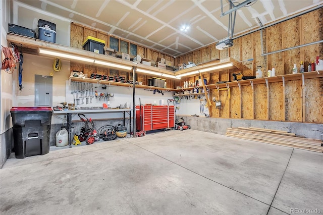 20243 High Pines Dr, Monument, CO 80132 - garage featuring a workshop area, electric panel, and a garage door opener