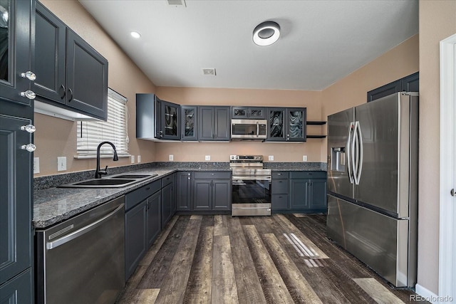 2404 S Genoa Way, Aurora, CO 80013 - kitchen featuring appliances with stainless steel finishes, a sink, dark wood-style flooring, and glass insert cabinets