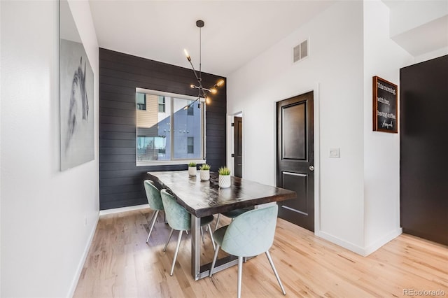 dining room featuring light wood-style floors, visible vents, and wood walls