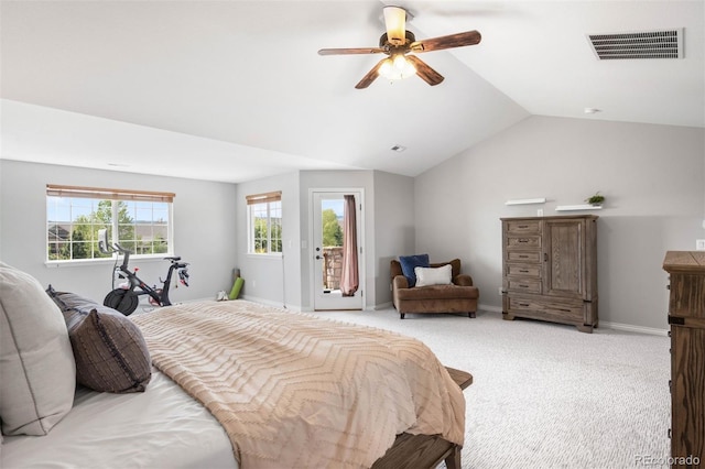 17378 W 78th Dr, Arvada, CO 80007 - bedroom with access to exterior, light carpet, vaulted ceiling, baseboards, and a ceiling fan