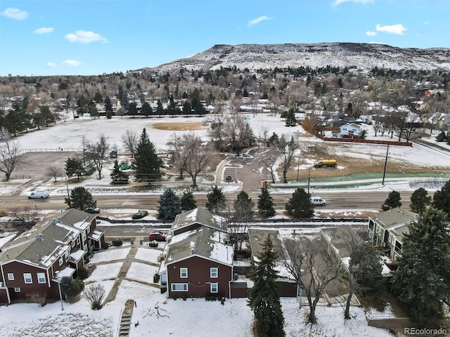 snowy aerial view featuring a mountain view